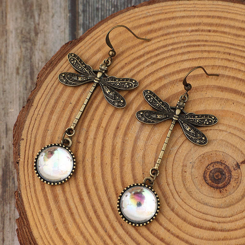 Wholesale Retro Dragonfly Stitching Colored Stone Bohemian Style Long Alloy Earrings